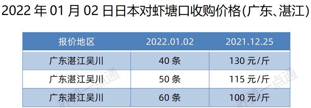 2022年01月02日日本对虾塘口收购价格（广东湛江）