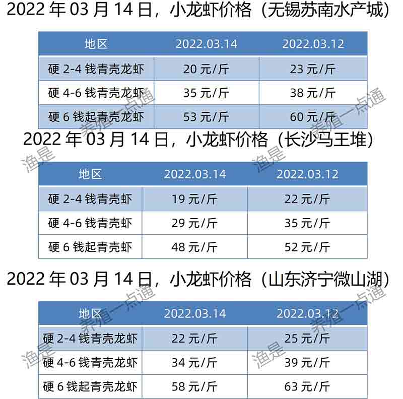 【渔是特约】2022.03.14，小龙虾价格（湖北、湖南、江苏、安徽、山东）