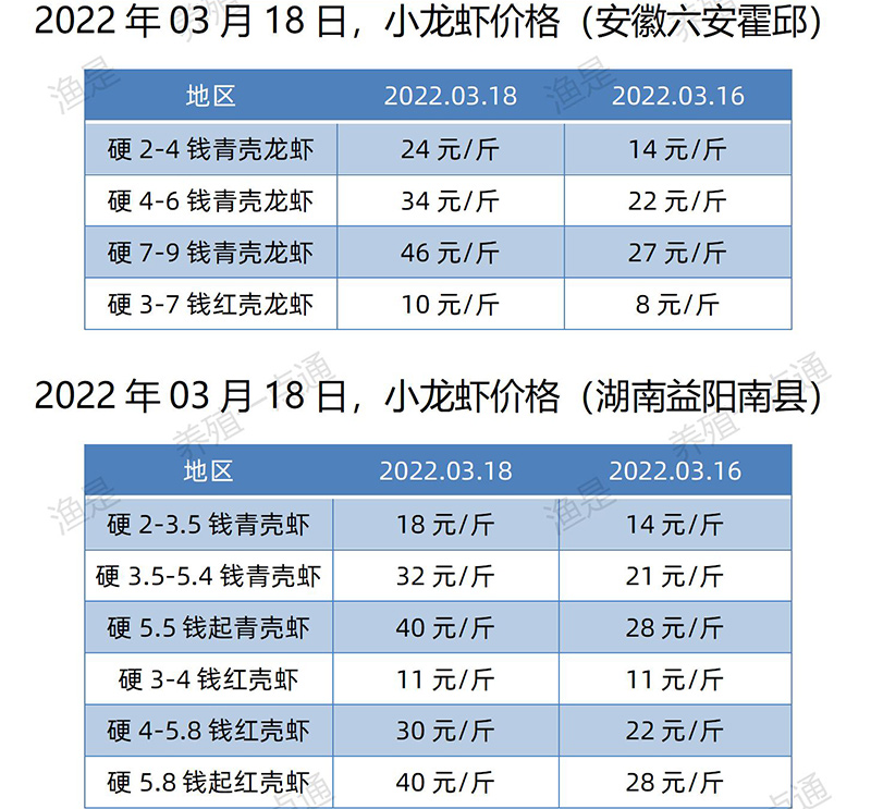 【渔是特约】2022.03.18，小龙虾价格（湖北、湖南、江苏、安徽、山东）