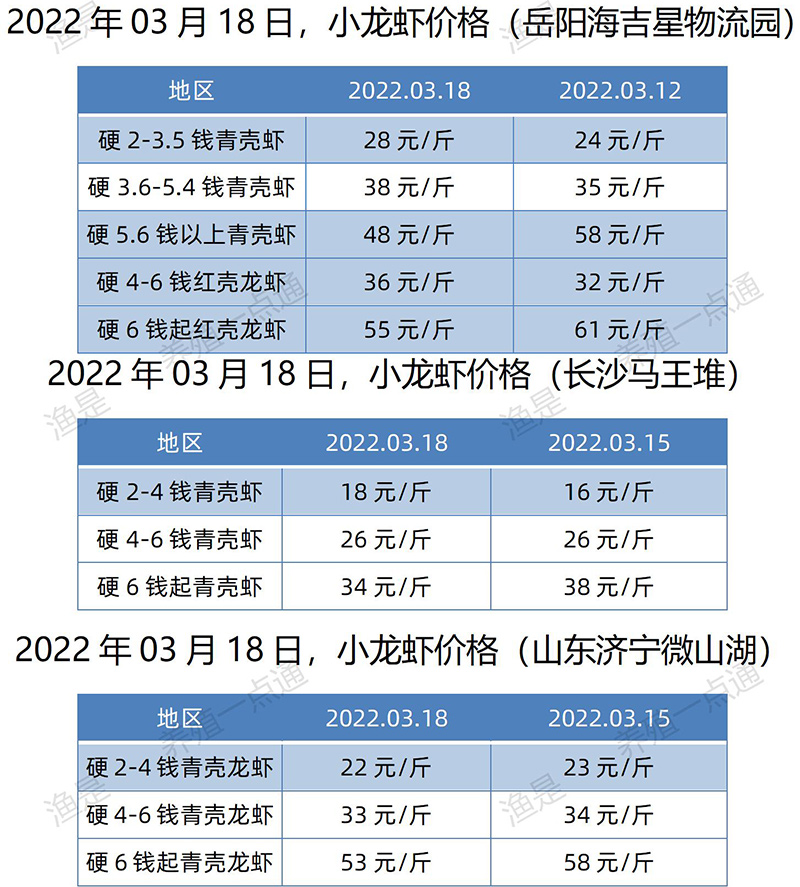 【渔是特约】2022.03.18，小龙虾价格（湖北、湖南、江苏、安徽、山东）