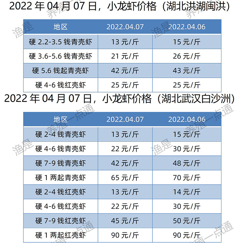 【渔是畅菌宝】2022.04.07，小龙虾价格（湖北、湖南、江苏、安徽、山东、广东）