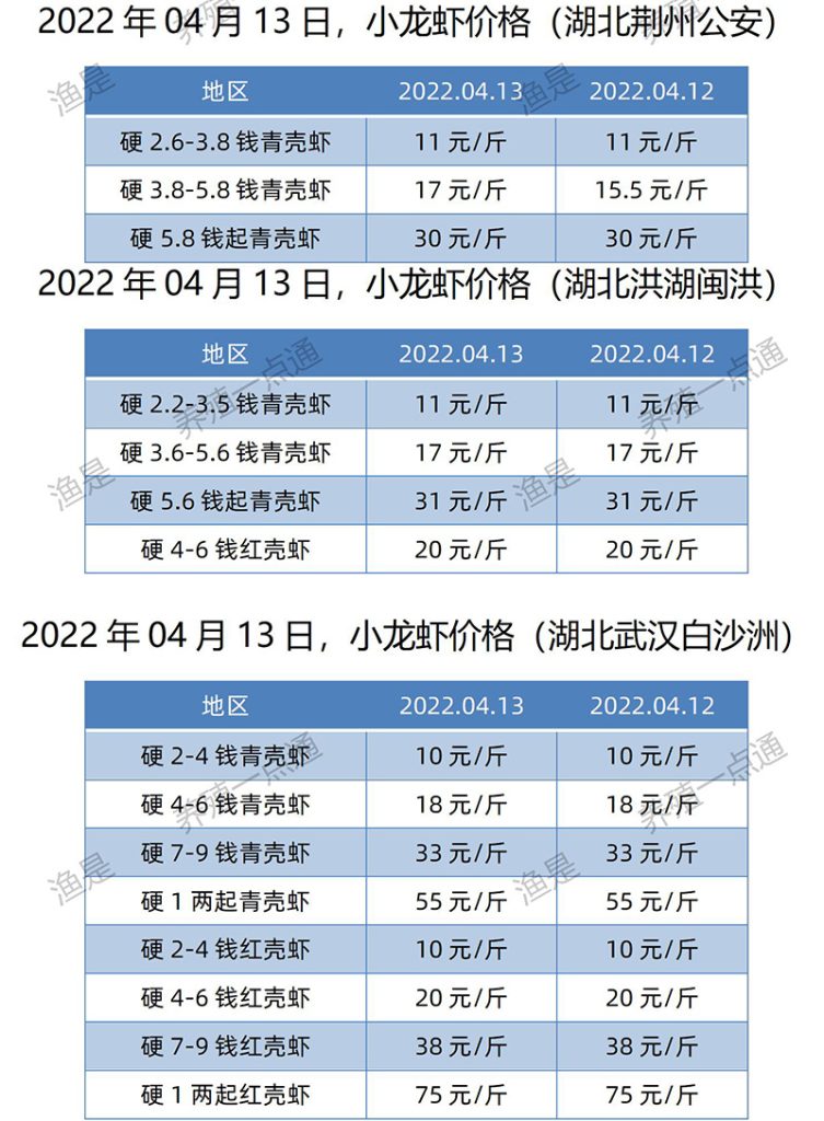 【渔是胆芪宝】2022.04.13，小龙虾价格（湖北、湖南、江苏、安徽、山东、广东）