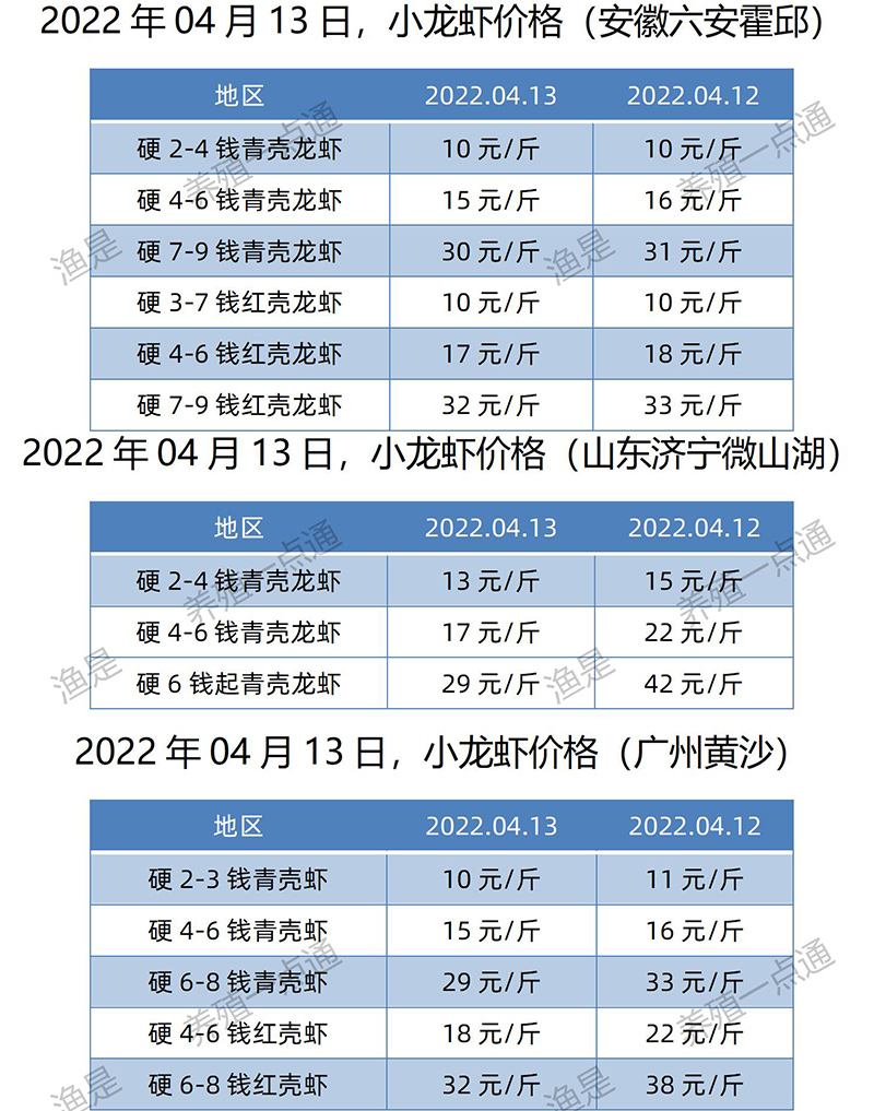 2022.04.13，小龙虾价格（安徽、山东、广东）