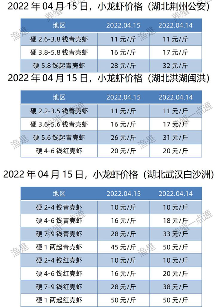 【渔是菌底宝】2022.04.15，小龙虾价格（湖北、湖南、江苏、安徽、山东、广东）
