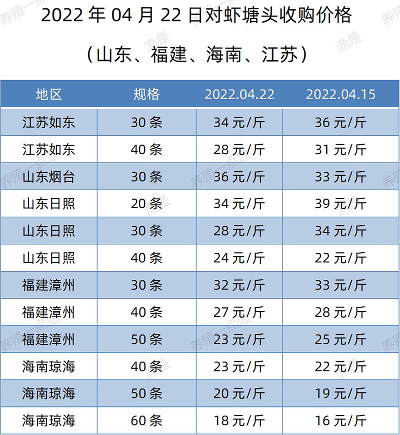 2022.04.22，南美白对虾塘头收购价格（江苏、山东、福建、海南）