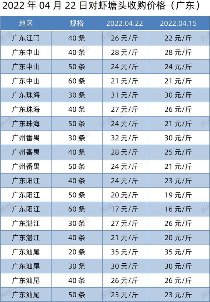 2022.04.22，南美白对虾塘头收购价格（广东）