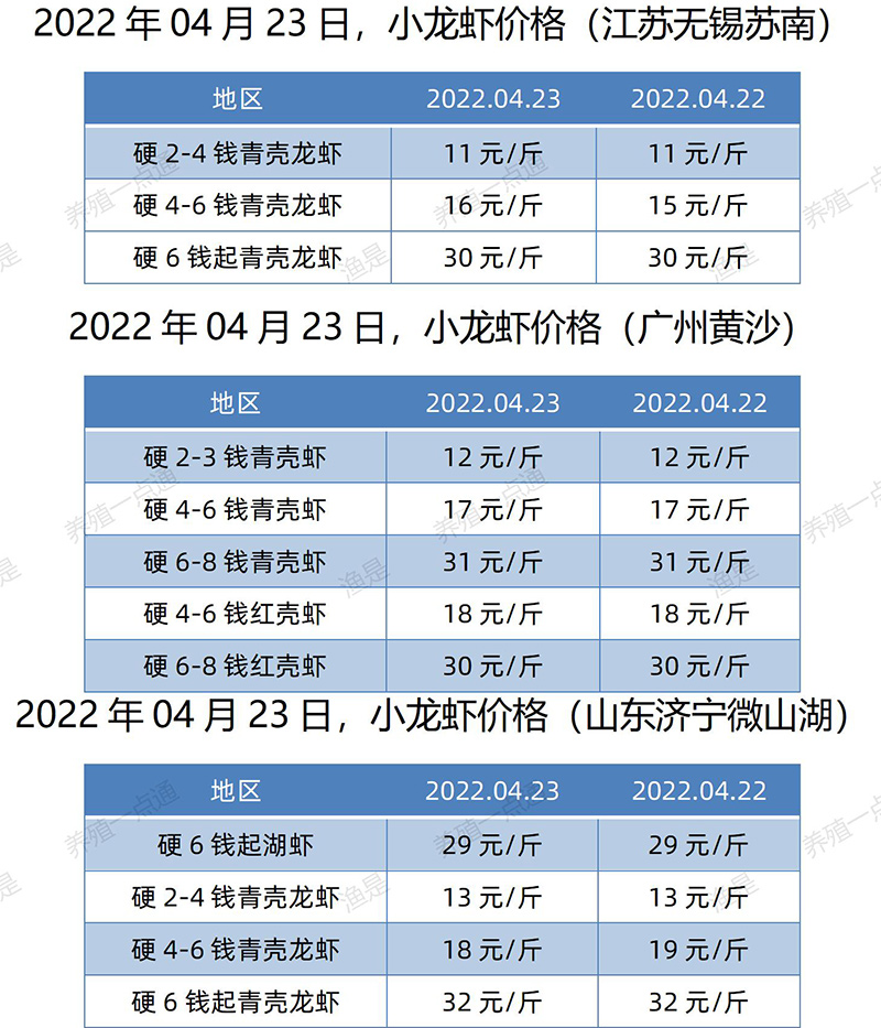 2022.04.23，小龙虾价格（江苏、安徽、山东、广东）