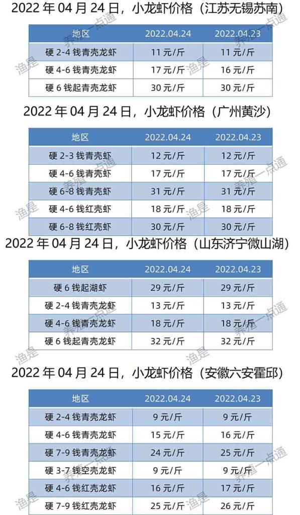 2022.04.24，小龙虾价格（江苏、安徽、山东、广东）