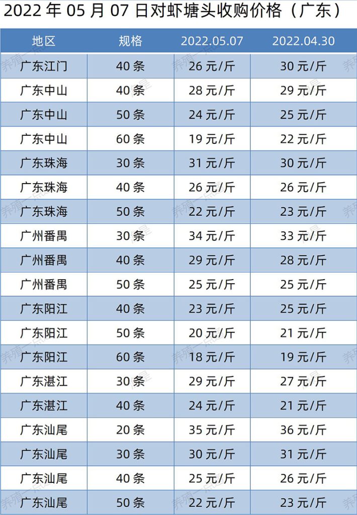 2022.05.07，南美白对虾塘头收购价格（广东）