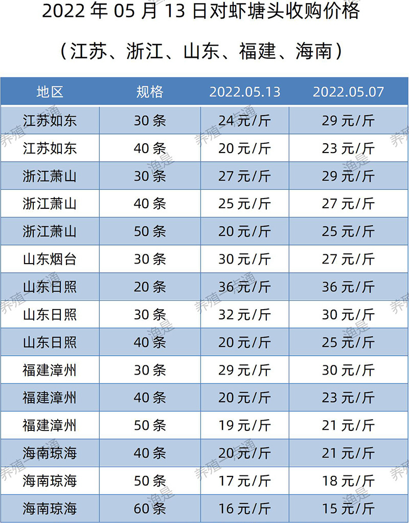 2022.05.13，南美白对虾塘头收购价格（江苏、山东、福建、海南）