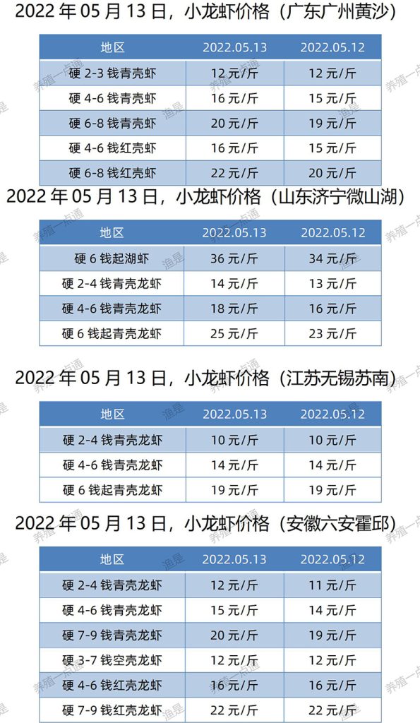 2022.05.13，小龙虾价格（江苏、安徽、山东、广东）