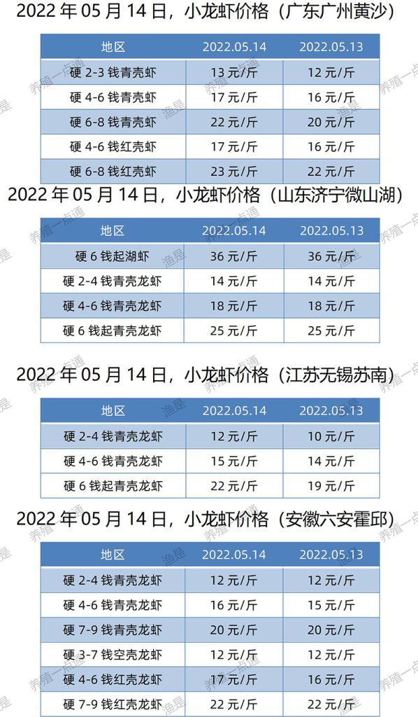 2022.05.14，小龙虾价格（江苏、安徽、山东、广东）