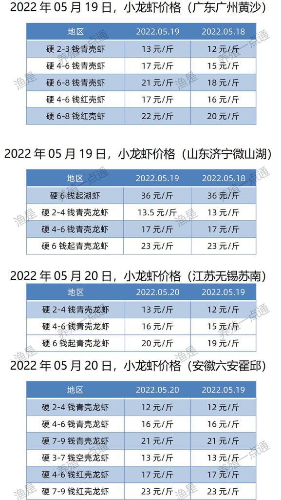 2022.05.20，小龙虾价格（江苏、安徽、山东、广东）