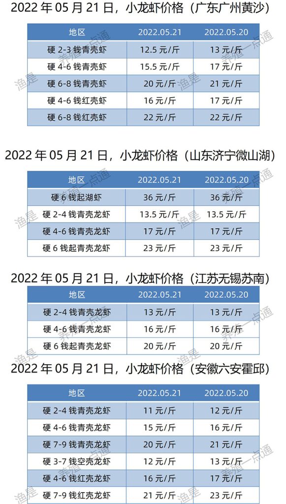 2022.05.21，小龙虾价格（江苏、安徽、山东、广东）