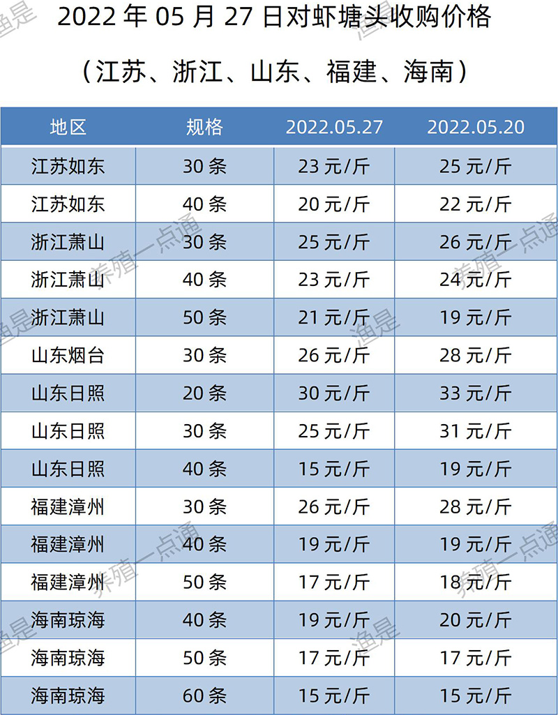 2022.05.27，南美白对虾塘头收购价格（江苏、山东、福建、海南）