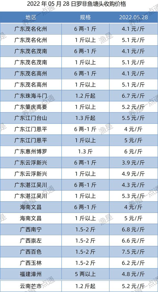 2022.05.28，罗非鱼塘头收购价