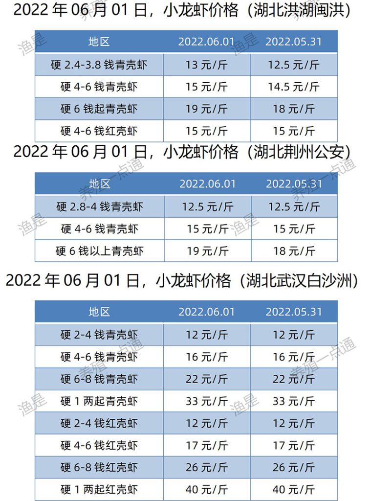 【渔是畅菌宝】2022.06.01，小龙虾价格（湖北、湖南、江苏、安徽、山东、广东）