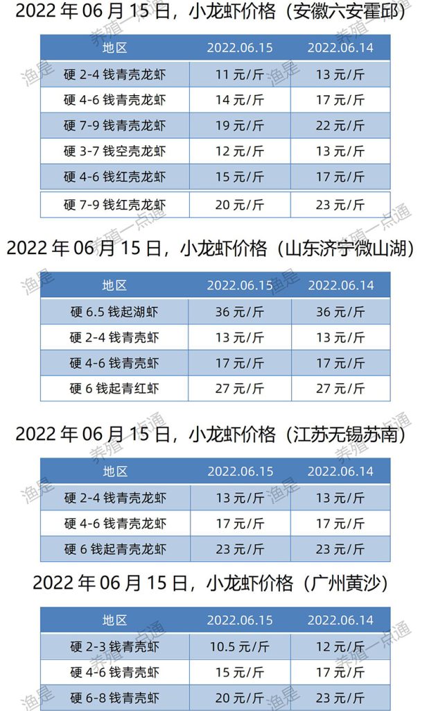 2022.06.15，小龙虾价格（江苏、安徽、山东、广东）