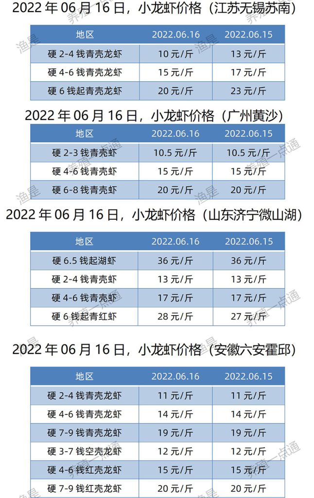 2022.06.16，小龙虾价格（江苏、安徽、山东、广东）