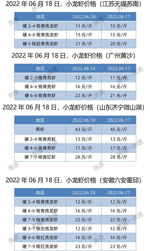 2022.06.18，小龙虾价格（江苏、安徽、山东、广东）
