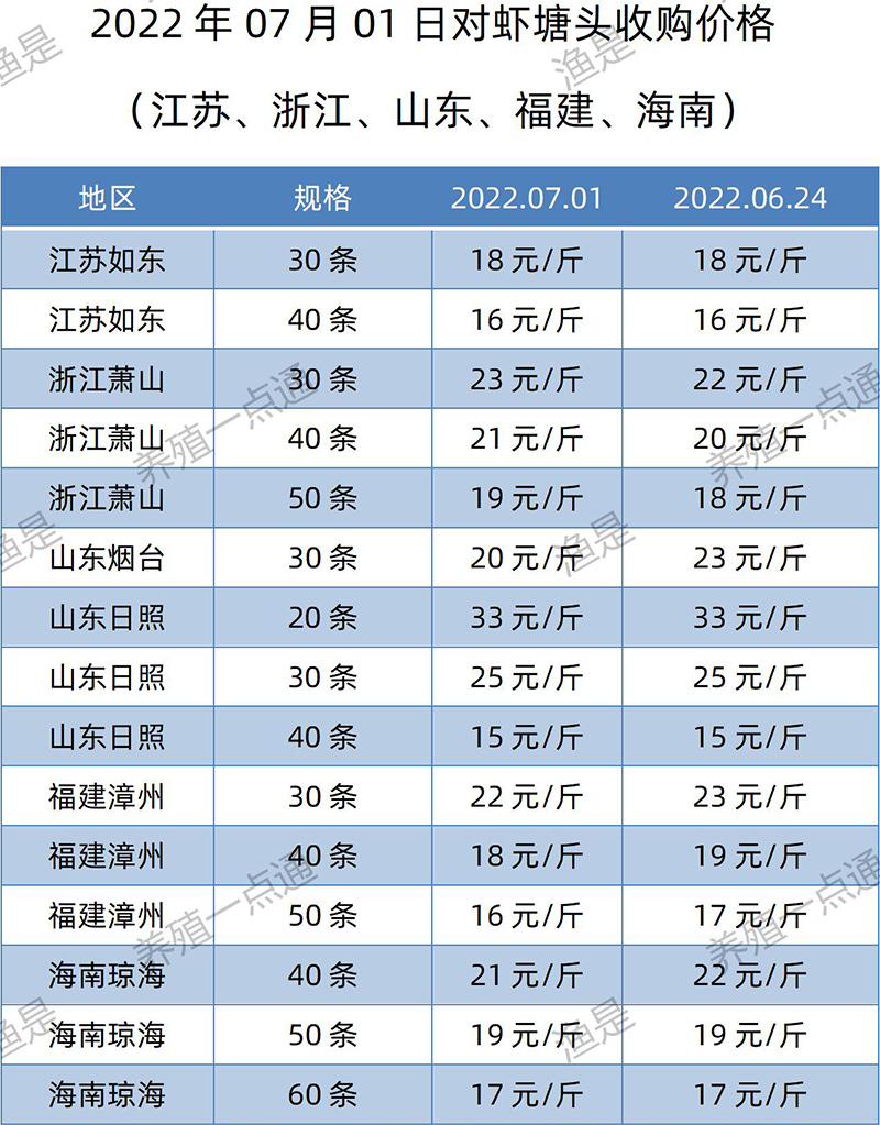 2022.07.01，南美白对虾塘头收购价格（江苏、山东、福建、海南）