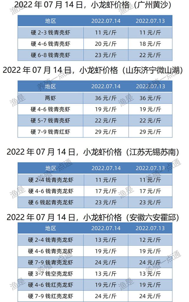 2022.07.14，小龙虾价格（江苏、安徽、山东、广东）