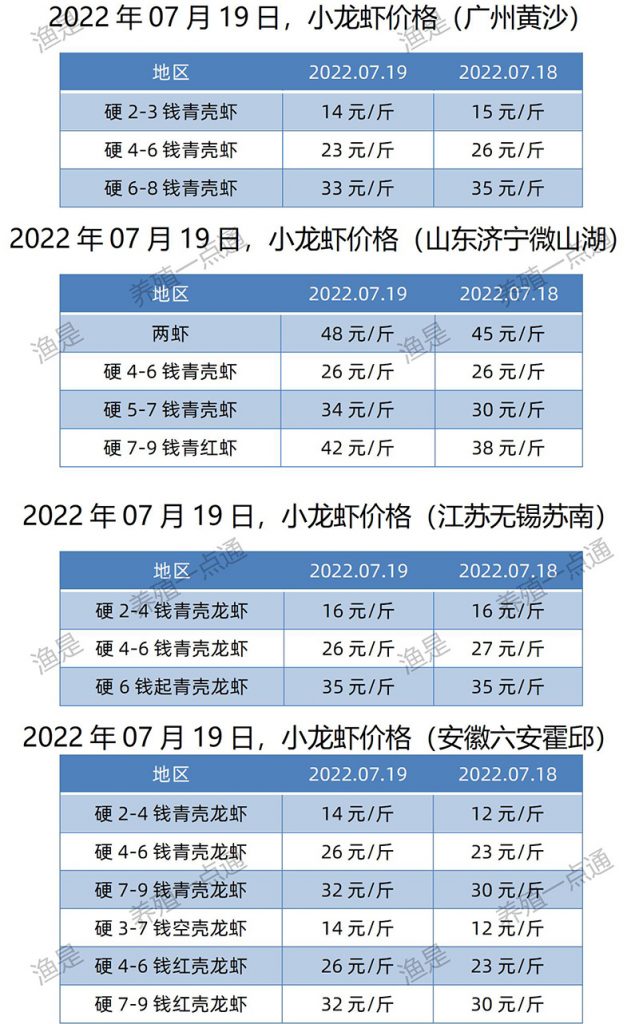 2022.07.19，小龙虾价格（江苏、安徽、山东、广东）