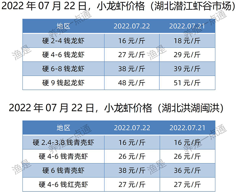 【渔是畅菌宝】2022.07.22，小龙虾价格（湖北、湖南、江苏、安徽、山东、广东）