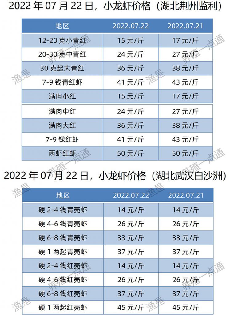 【渔是畅菌宝】2022.07.22，小龙虾价格（湖北、湖南、江苏、安徽、山东、广东）