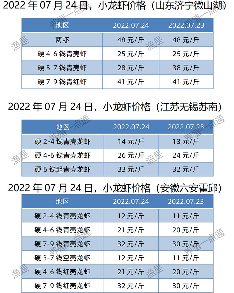 2022.07.24，小龙虾价格（江苏、安徽、山东、广东）