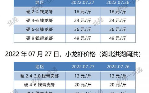 【渔是化底宝】2022.07.27，小龙虾价格（湖北、湖南、江苏、安徽、山东、广东）