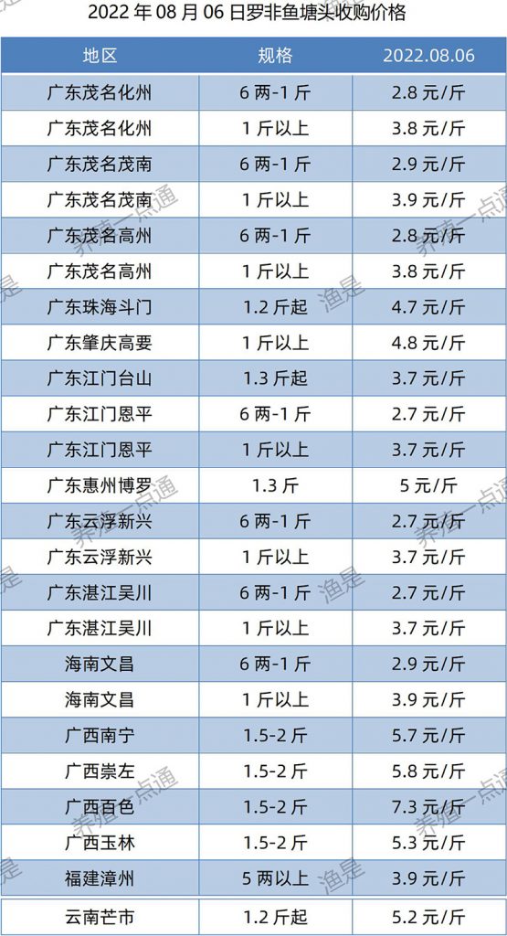 2022.08.06，罗非鱼塘头收购价