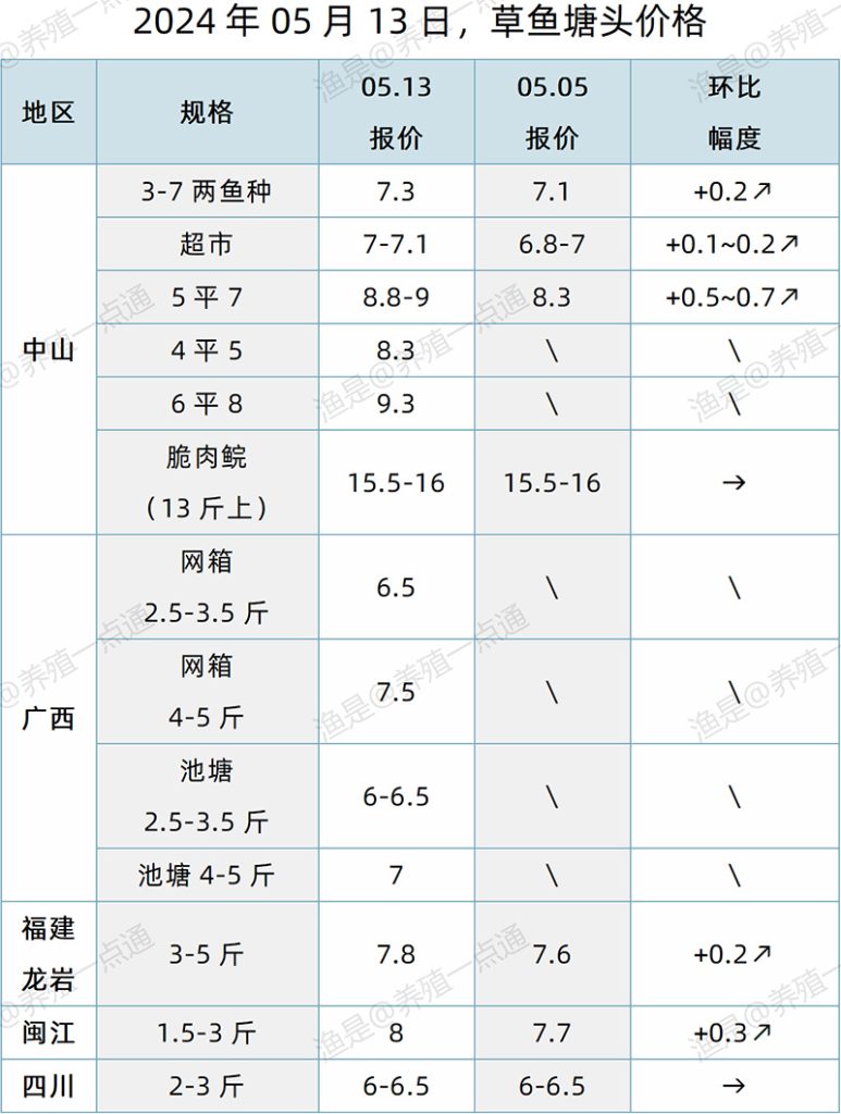 【渔是特约】2024.05.13，草鱼、罗非鱼、生鱼、加州鲈、黄颡鱼、石斑鱼、斑点叉尾鮰、牛蛙、泰蛙、黑斑蛙塘头价格
