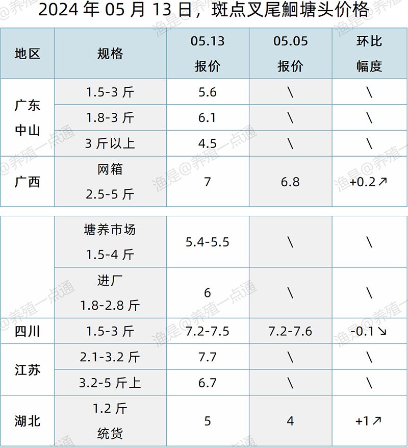 【渔是特约】2024.05.13，草鱼、罗非鱼、生鱼、加州鲈、黄颡鱼、石斑鱼、斑点叉尾鮰、牛蛙、泰蛙、黑斑蛙塘头价格