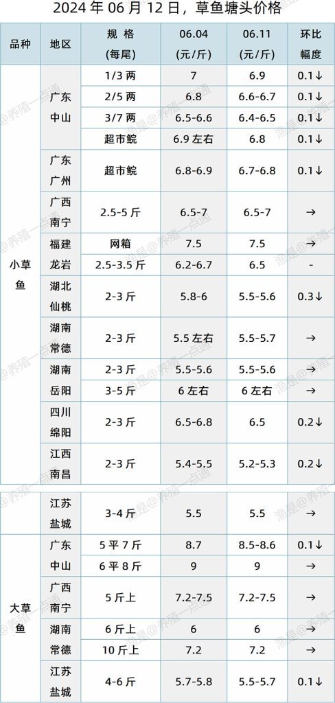 【渔是特约】2024.06.12，草鱼、银鲫、鳊鱼塘头价格