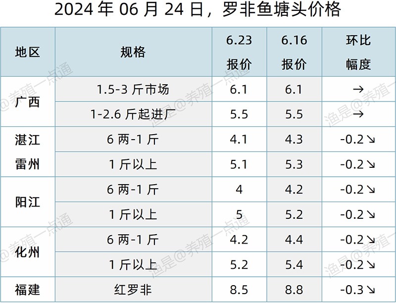 【渔是特约】2024.06.24，草鱼、生鱼、罗非鱼、黄颡鱼、加州鲈、大黄鱼、斑点叉尾鮰、石斑鱼、牛蛙、泰蛙、黑斑蛙塘头价格