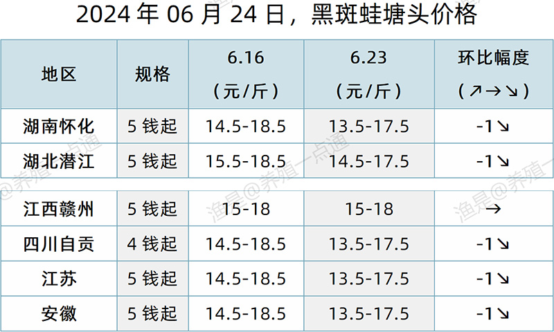 【渔是特约】2024.06.24，草鱼、生鱼、罗非鱼、黄颡鱼、加州鲈、大黄鱼、斑点叉尾鮰、石斑鱼、牛蛙、泰蛙、黑斑蛙塘头价格