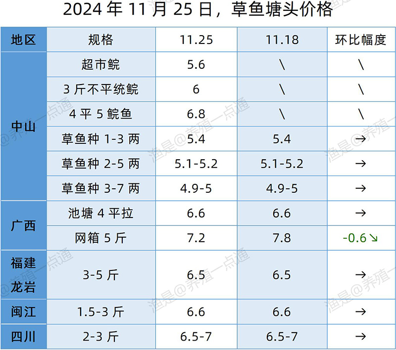 【渔是特约】2024.11.25，草鱼、罗非鱼、加州鲈、斑点叉尾鮰、牛蛙、泰蛙、黑斑塘头价格