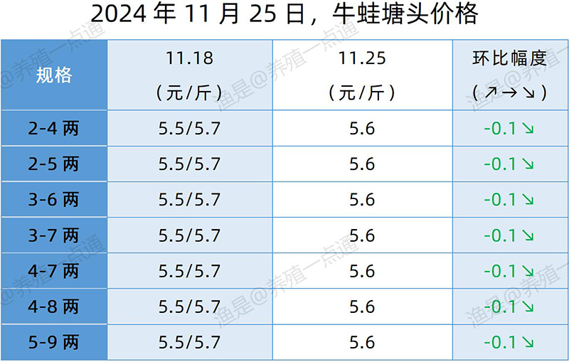 【渔是特约】2024.11.25，草鱼、罗非鱼、加州鲈、斑点叉尾鮰、牛蛙、泰蛙、黑斑塘头价格